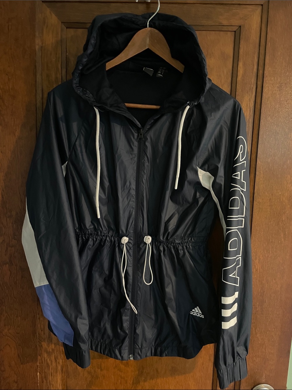 Adidas Navy Blue Hooded Windbreaker - White Logo and Blue Accent